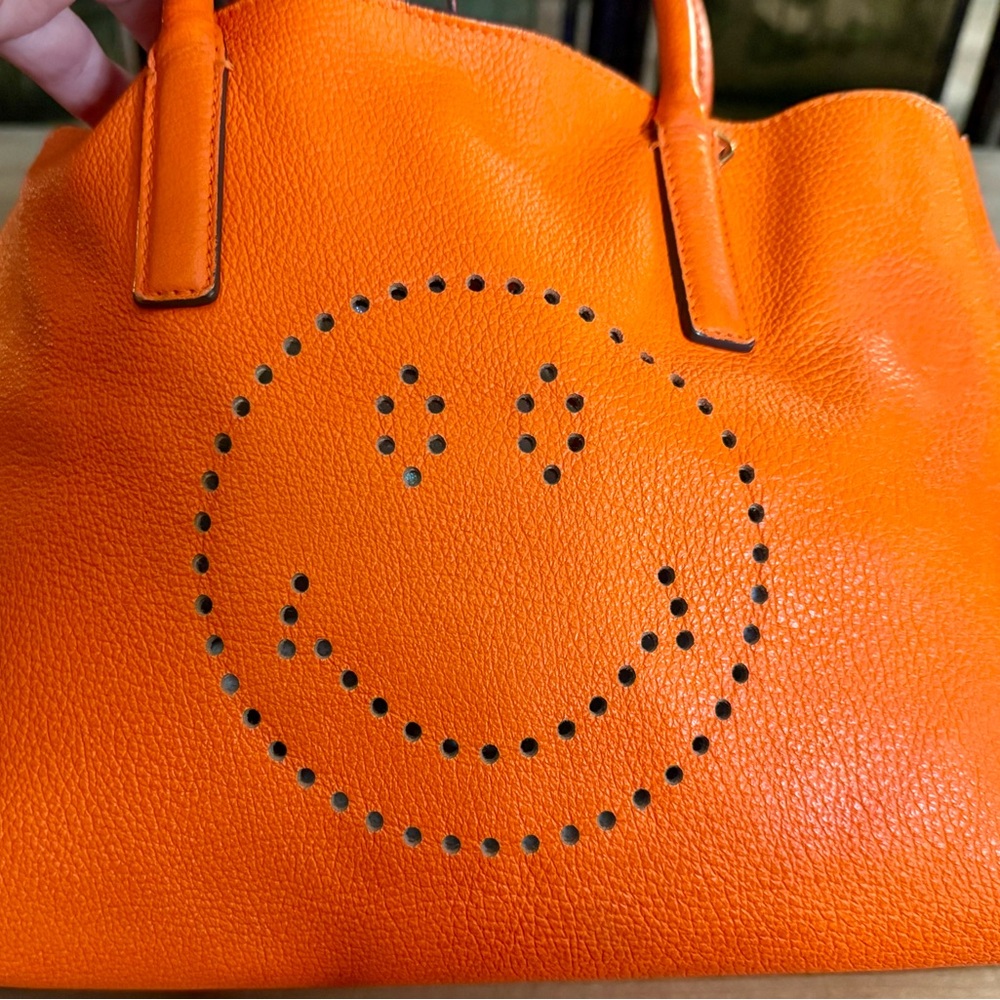 Anya Hindmarch Neon Orange Leather Featherweight Smiley Face Ebury Tote Bag - Picture 5 of 12